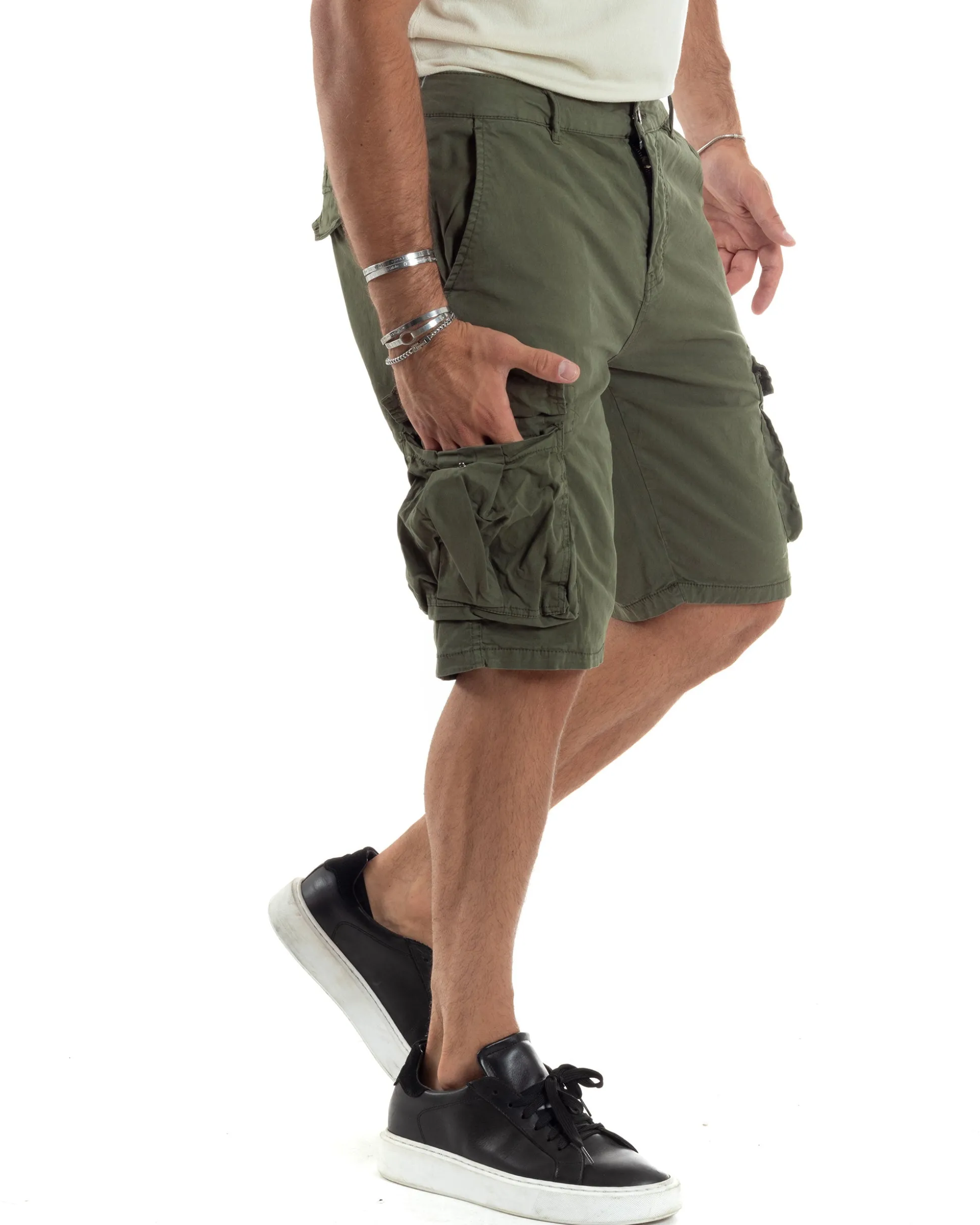 Bermuda Cargo Uomo Cotone Pantaloncini Corti Casual Con Tasconi Con Tasche America Oversize Wide Leg Tinta Unita Verde GIOSAL-PC1977A