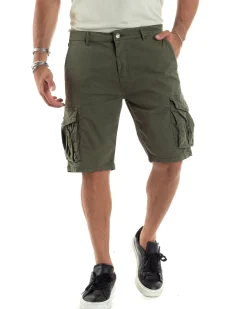 Bermuda Cargo Uomo Cotone Pantaloncini Corti Casual Con Tasconi Con Tasche America Oversize Wide Leg Tinta Unita Verde GIOSAL-PC1977A