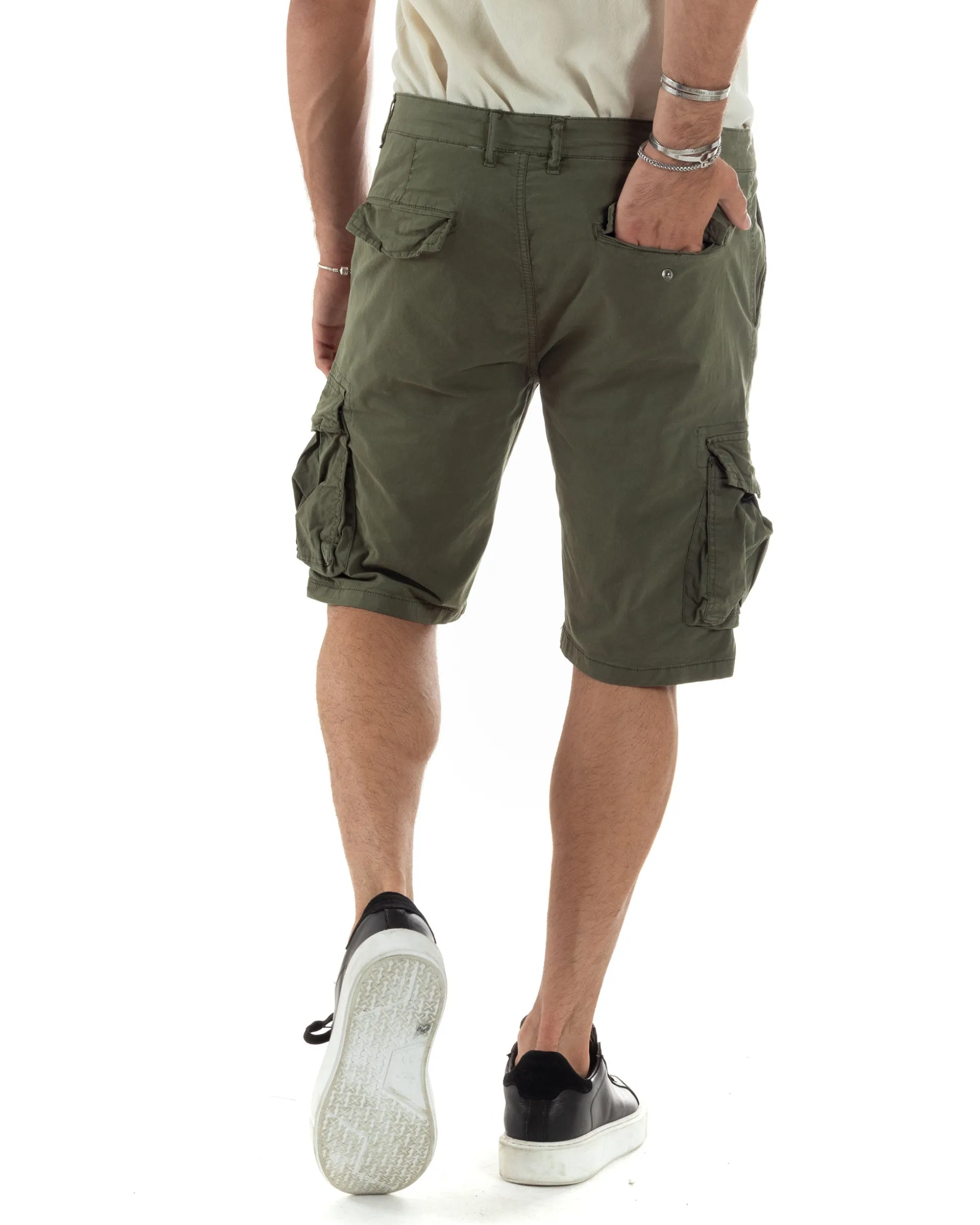 Bermuda Cargo Uomo Cotone Pantaloncini Corti Casual Con Tasconi Con Tasche America Oversize Wide Leg Tinta Unita Verde GIOSAL-PC1977A