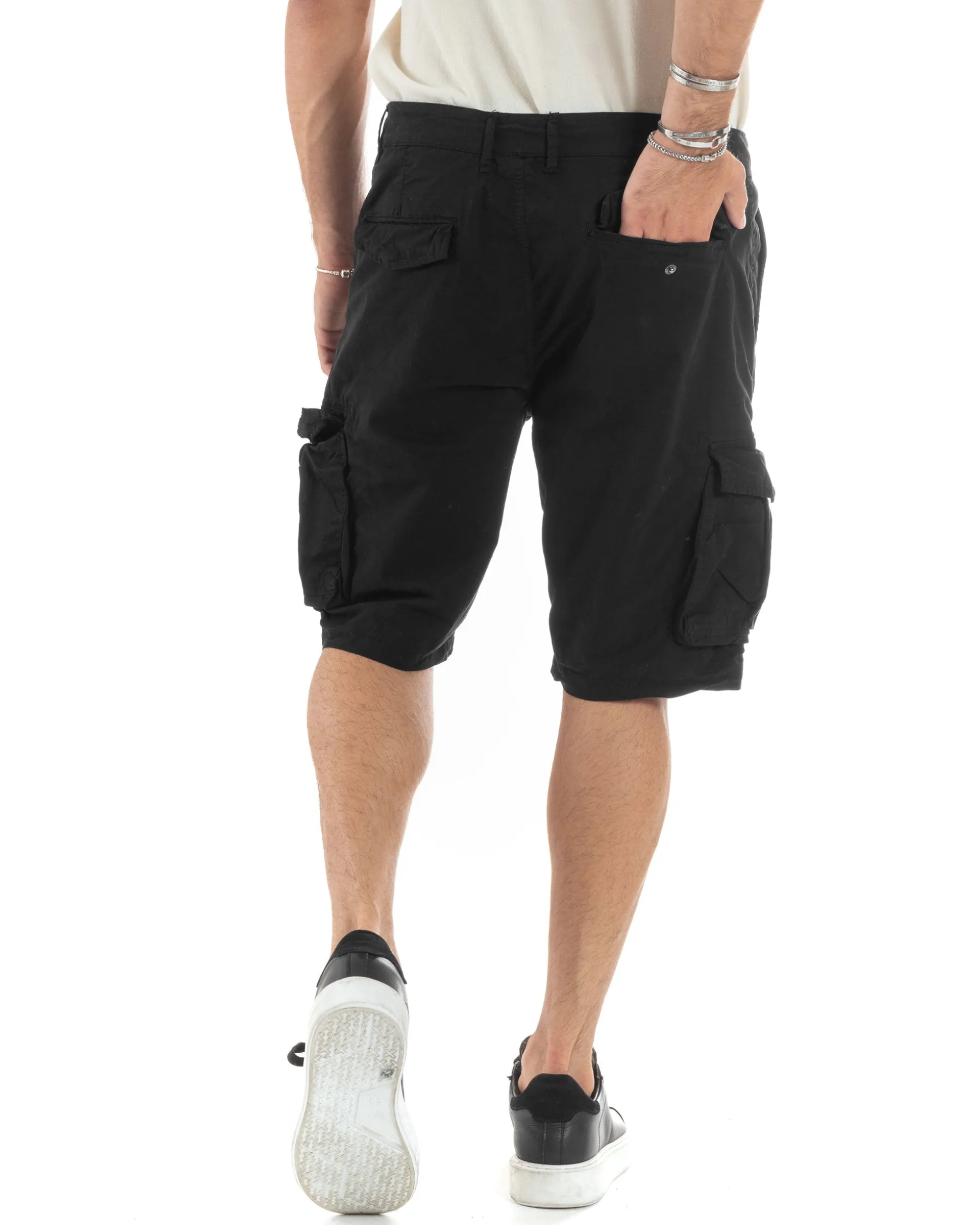 Bermuda Cargo Uomo Cotone Pantaloncini Corti Casual Con Tasconi Con Tasche America Oversize Wide Leg Tinta Unita Nero GIOSAL-PC1978A