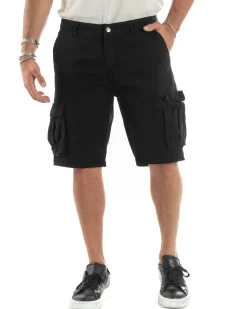 Bermuda Cargo Uomo Cotone Pantaloncini Corti Casual Con Tasconi Con Tasche America Oversize Wide Leg Tinta Unita Nero GIOSAL-PC1978A