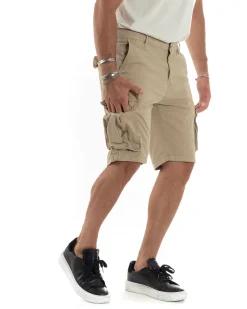 Bermuda Cargo Uomo Cotone Pantaloncini Corti Casual Con Tasconi Con Tasche America Oversize Wide Leg Tinta Unita Beige GIOSAL-PC1976A