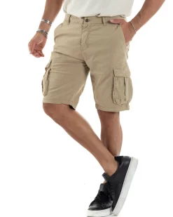 Bermuda Cargo Uomo Cotone Pantaloncini Corti Casual Con Tasconi Con Tasche America Oversize Wide Leg Tinta Unita Beige GIOSAL-PC1976A