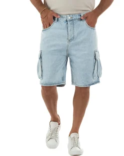 Bermuda cargo uomo pantaloncini con tasconi cinque tasche denim chiaro GIOSAL-PC2051A