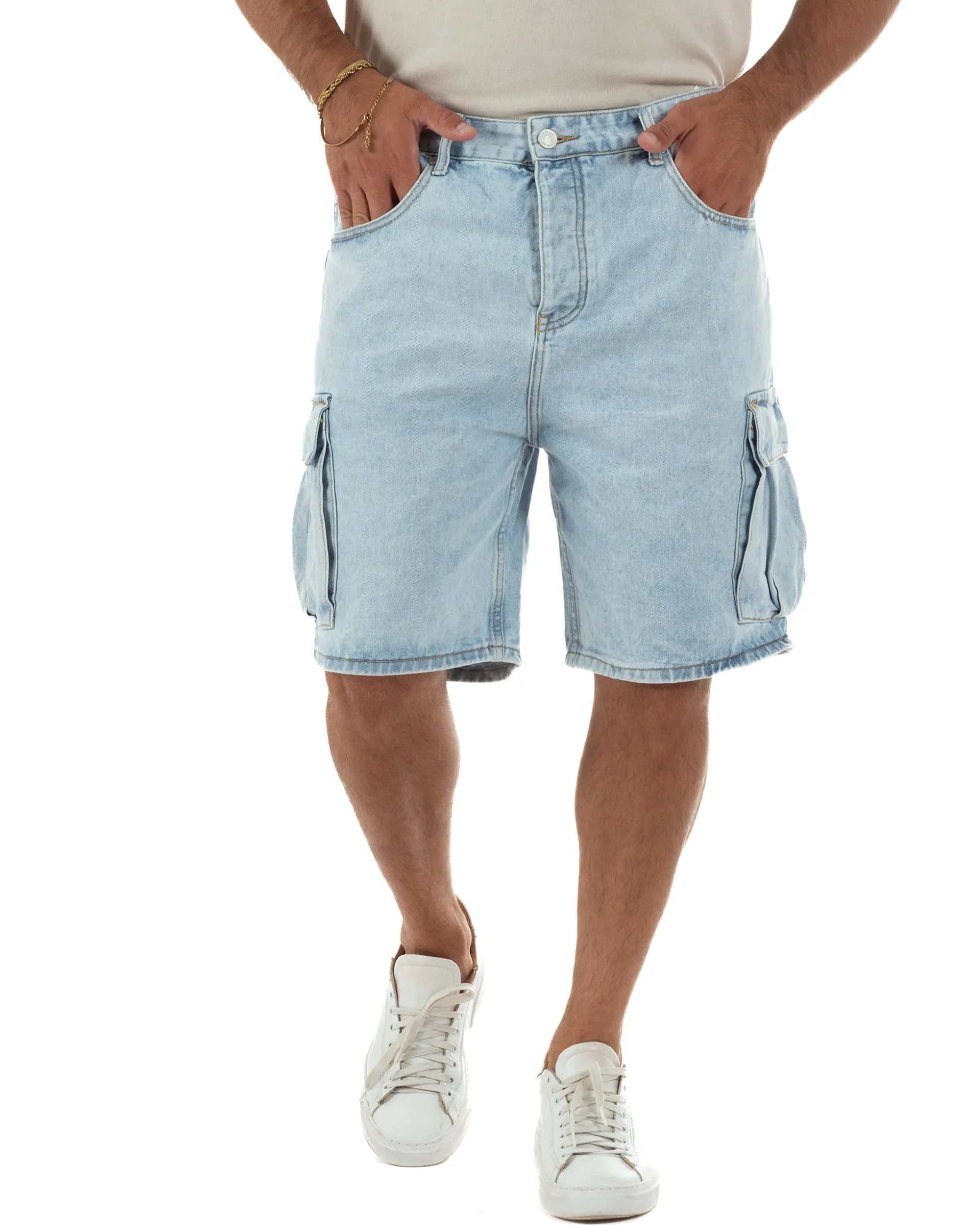 Bermuda cargo uomo pantaloncini con tasconi cinque tasche denim chiaro GIOSAL-PC2051A