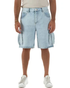Bermuda cargo uomo pantaloncini con tasconi cinque tasche denim chiaro GIOSAL-PC2051A