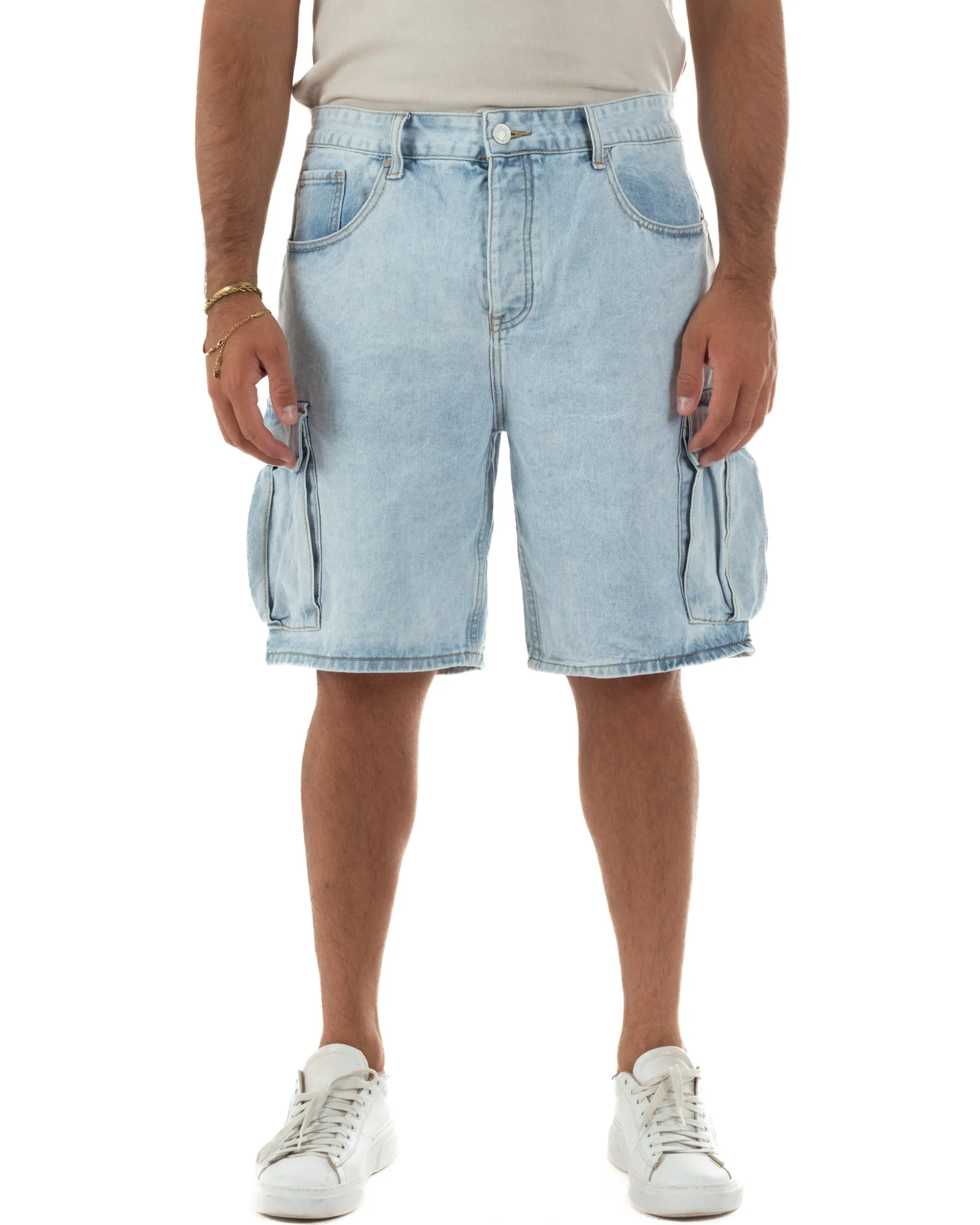 Bermuda cargo uomo pantaloncini con tasconi cinque tasche denim chiaro GIOSAL-PC2051A