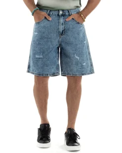 Bermuda Jeans Uomo Baggy Fit Rotture Denim PC1997A
