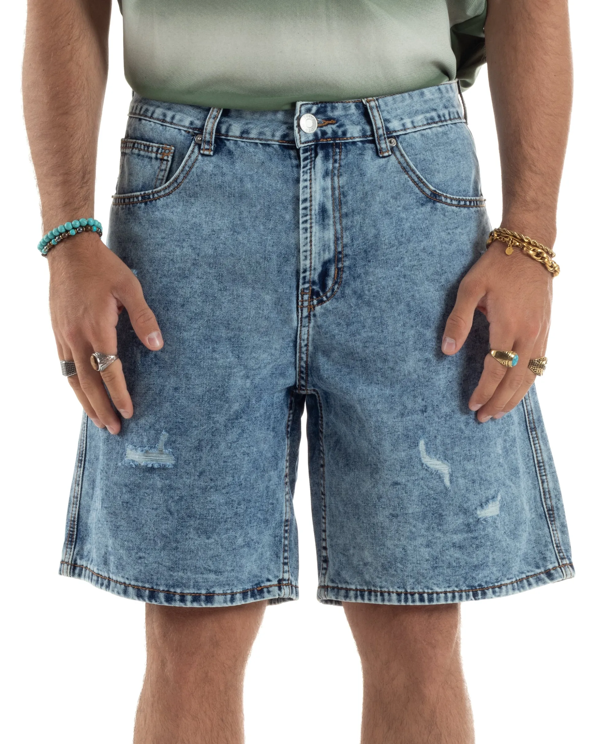 Bermuda Jeans Uomo Baggy Fit Rotture Denim PC1997A