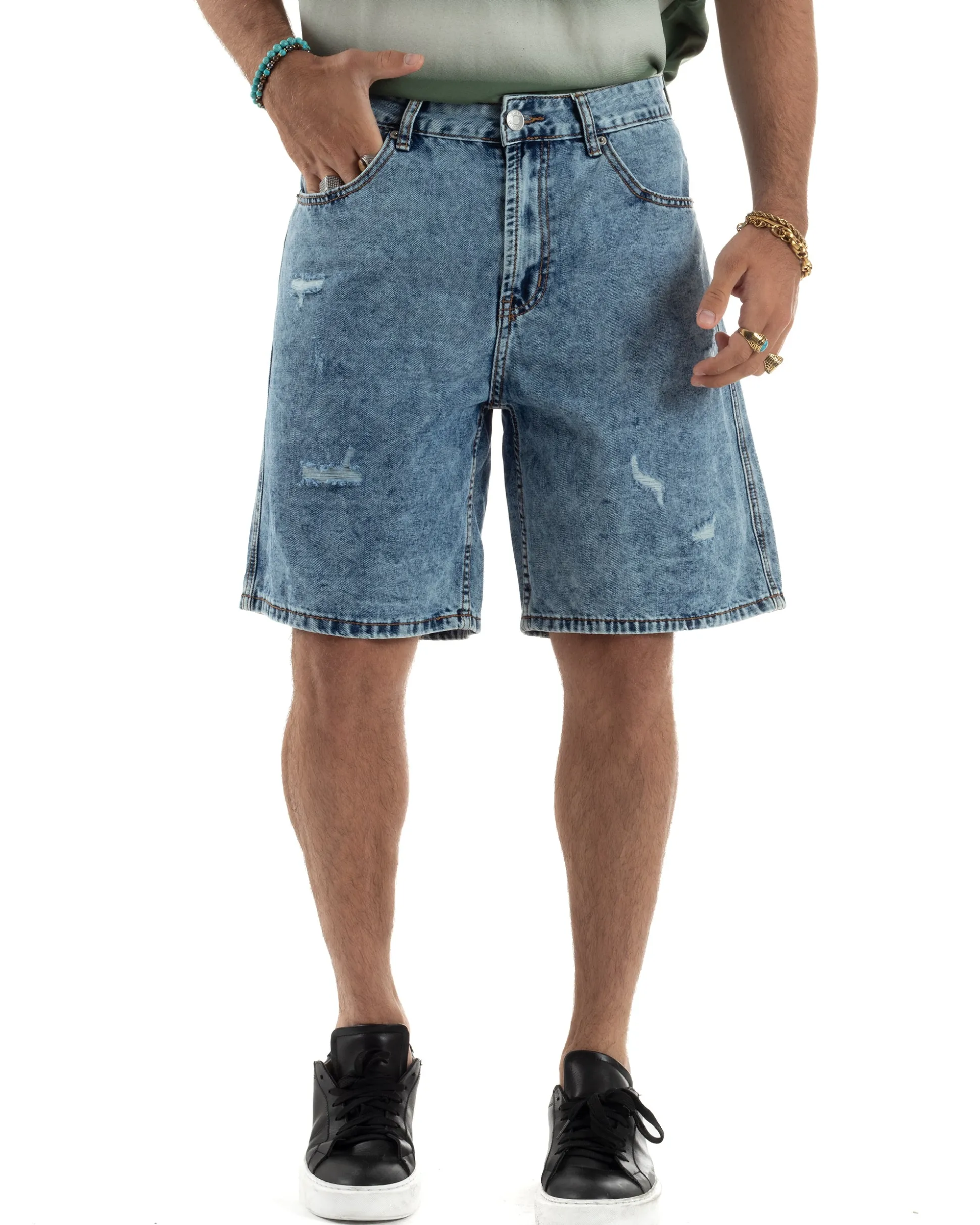 Bermuda Jeans Uomo Baggy Fit Rotture Denim PC1997A