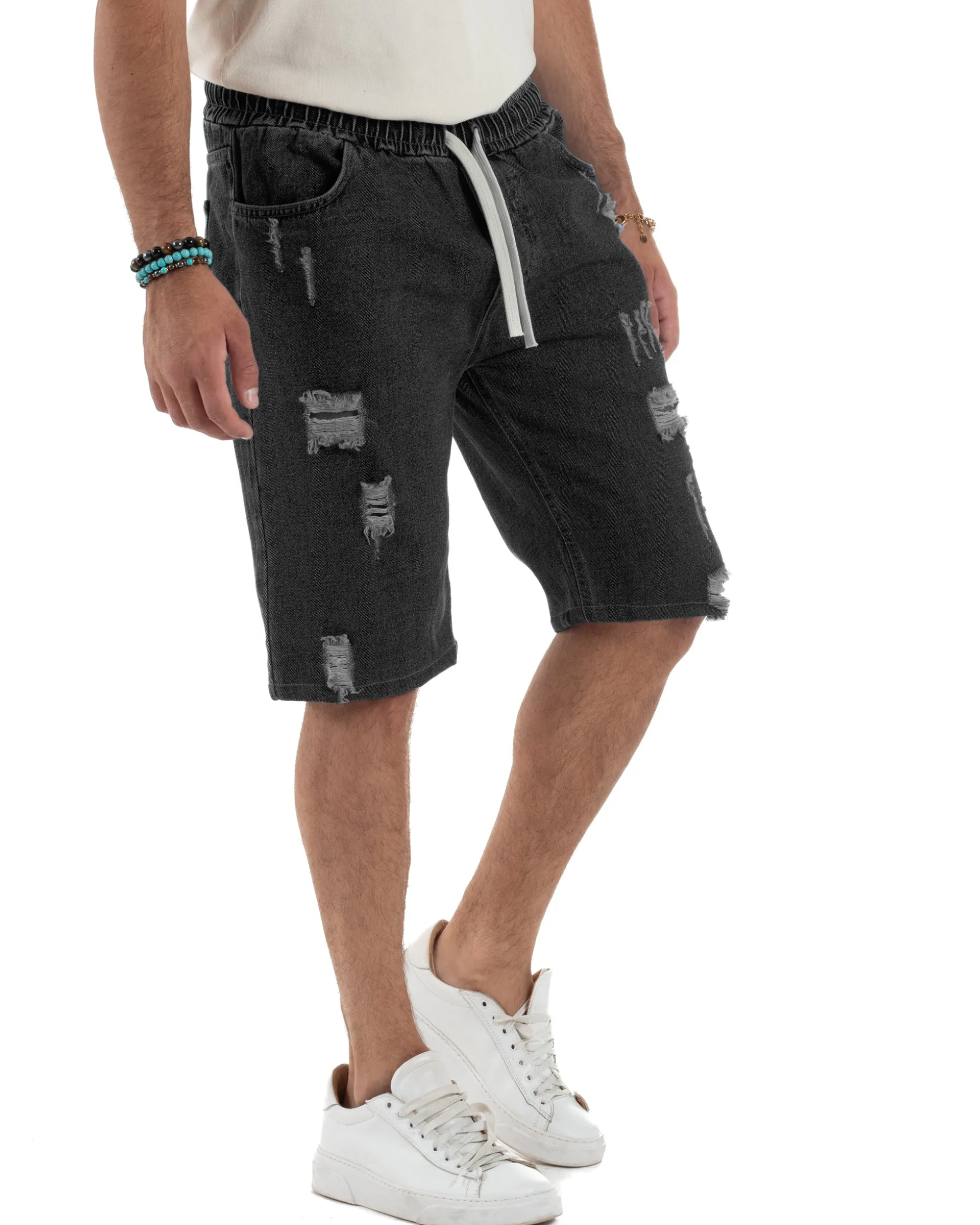 Bermuda jeans uomo pantalaccio rotture regular fit denim nero GIOSAL-PC2004A