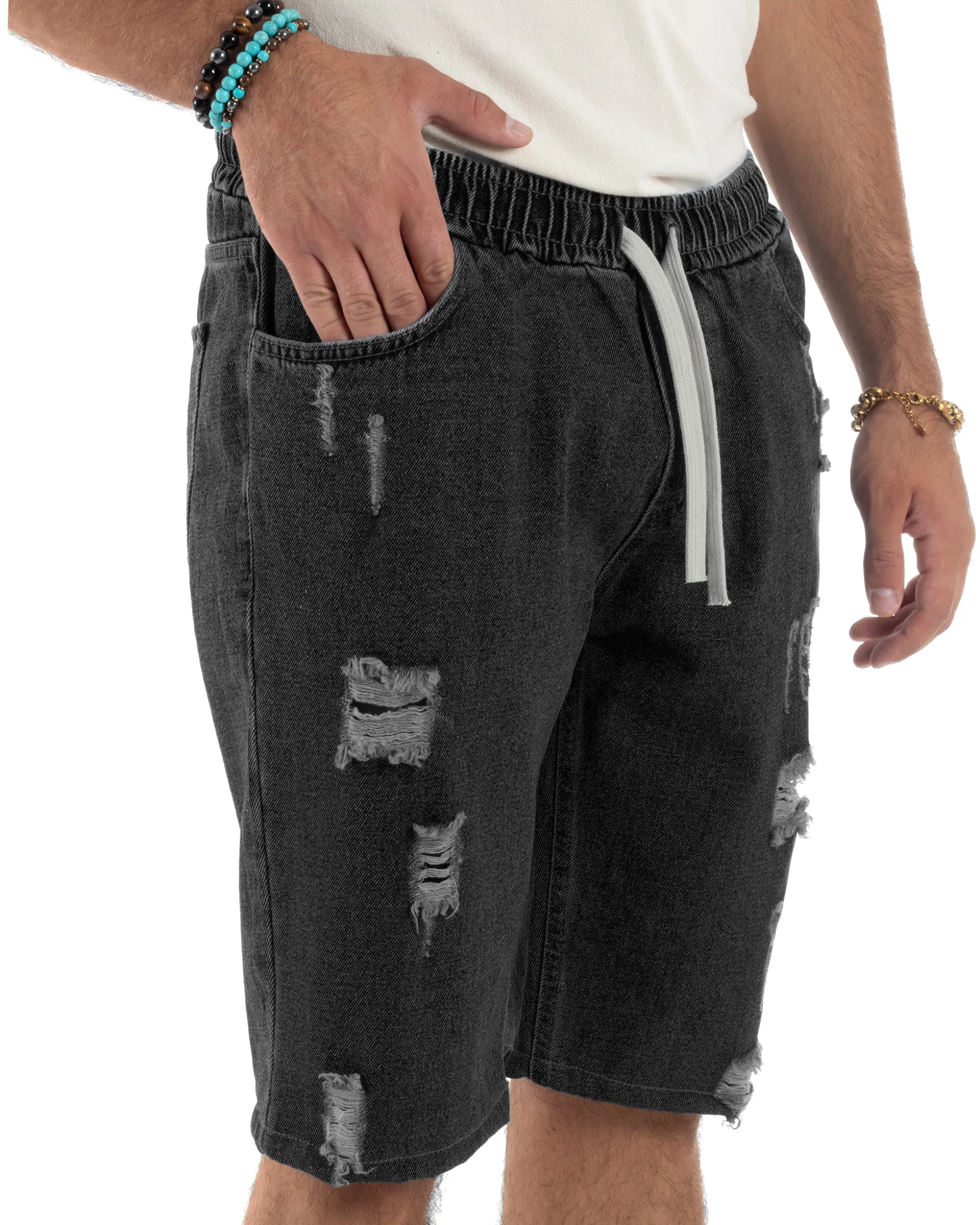 Bermuda jeans uomo pantalaccio rotture regular fit denim nero GIOSAL-PC2004A