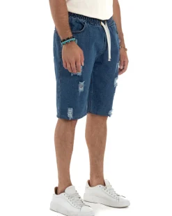 Bermuda jeans uomo pantalaccio rotture regular fit denim scuro GIOSAL-PC2003A