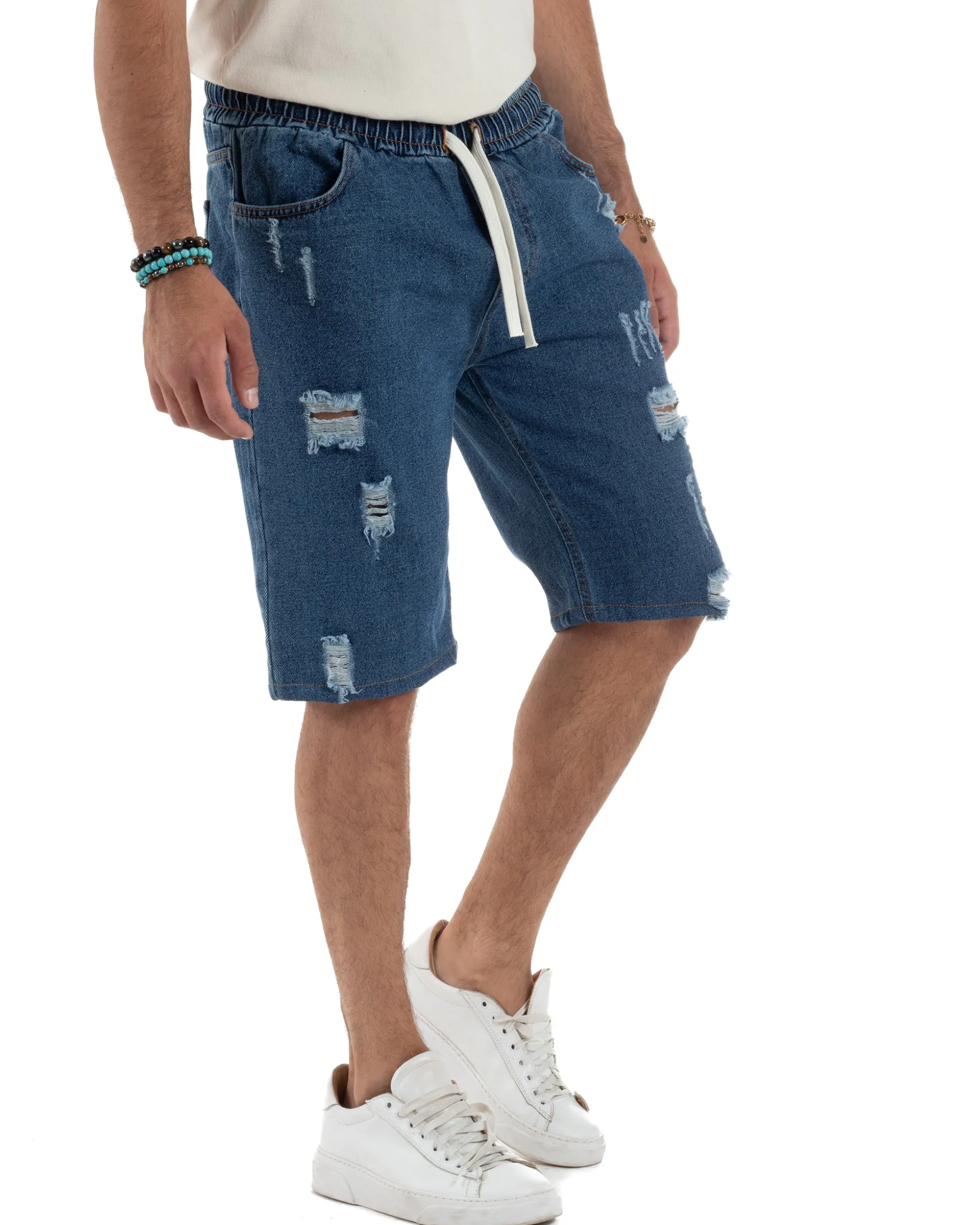Bermuda jeans uomo pantalaccio rotture regular fit denim scuro GIOSAL-PC2003A