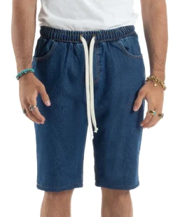 Bermuda jeans uomo pantalaccio basic regular fit coulisse denim scuro GIOSAL-PC1990A