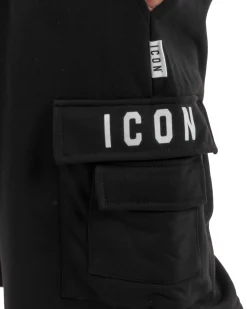 Bermuda jogger cargo uomo tasche laterali logo streetwear nero ICON-IUB003