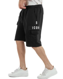 Bermuda jogger cargo uomo tasche laterali logo streetwear nero ICON-IUB003