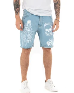 Bermuda Pantaloncini Jeans Corti Uomo Stampa Teschio Cinque Tasche Casual Denim Chiaro GIOSAL-PC1848A