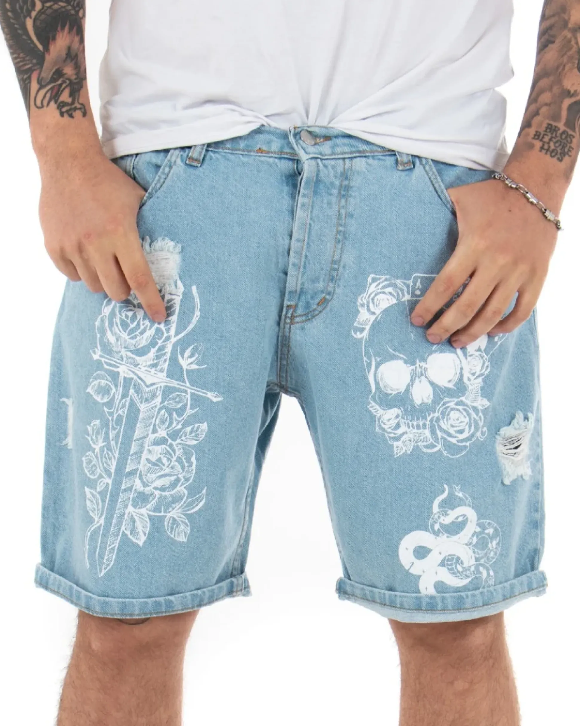 Bermuda Pantaloncini Jeans Corti Uomo Stampa Teschio Cinque Tasche Casual Denim Chiaro GIOSAL-PC1848A