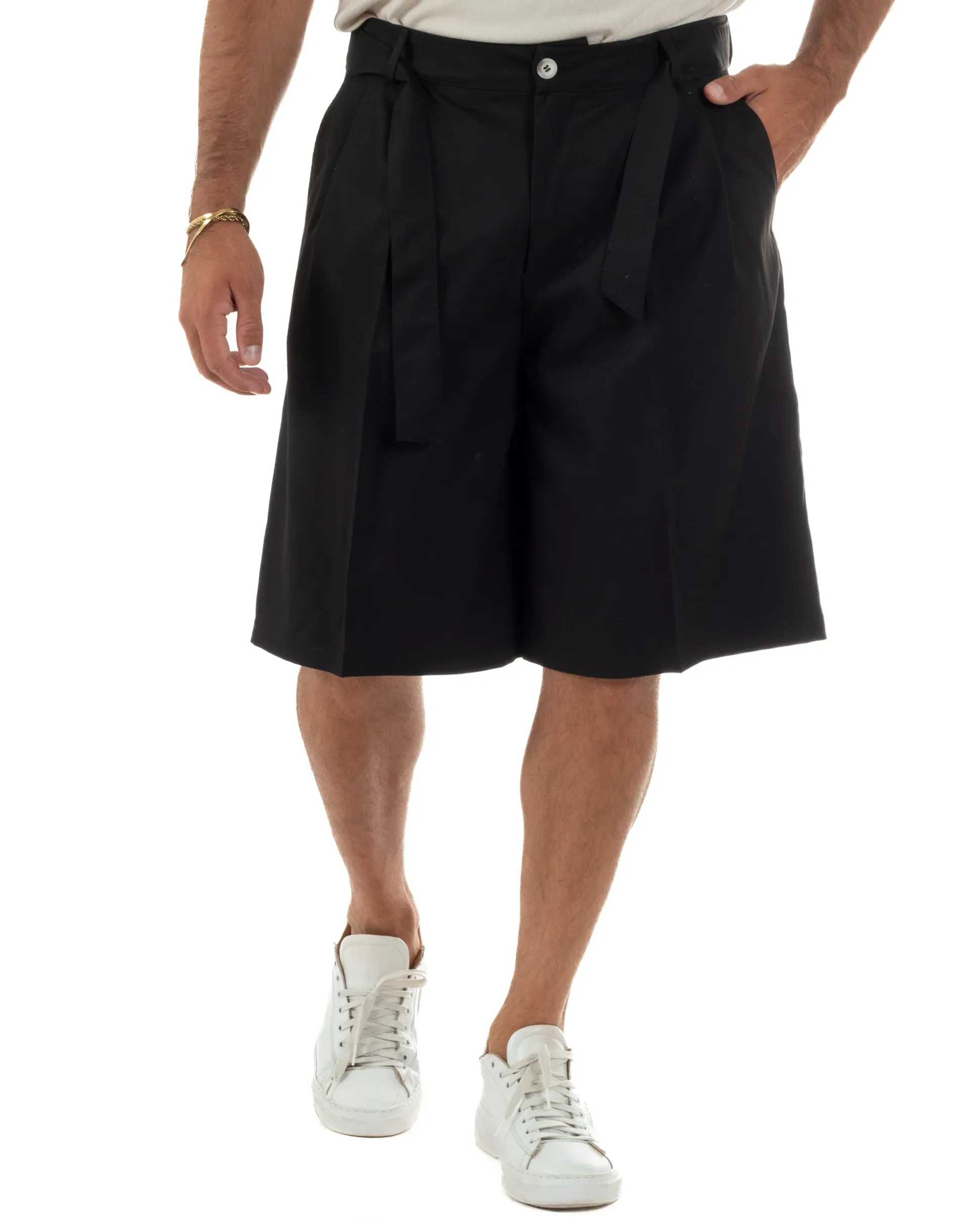 Bermuda pantaloncini uomo baggy fit pinces cintura in vita nero GIOSAL-PC2066A