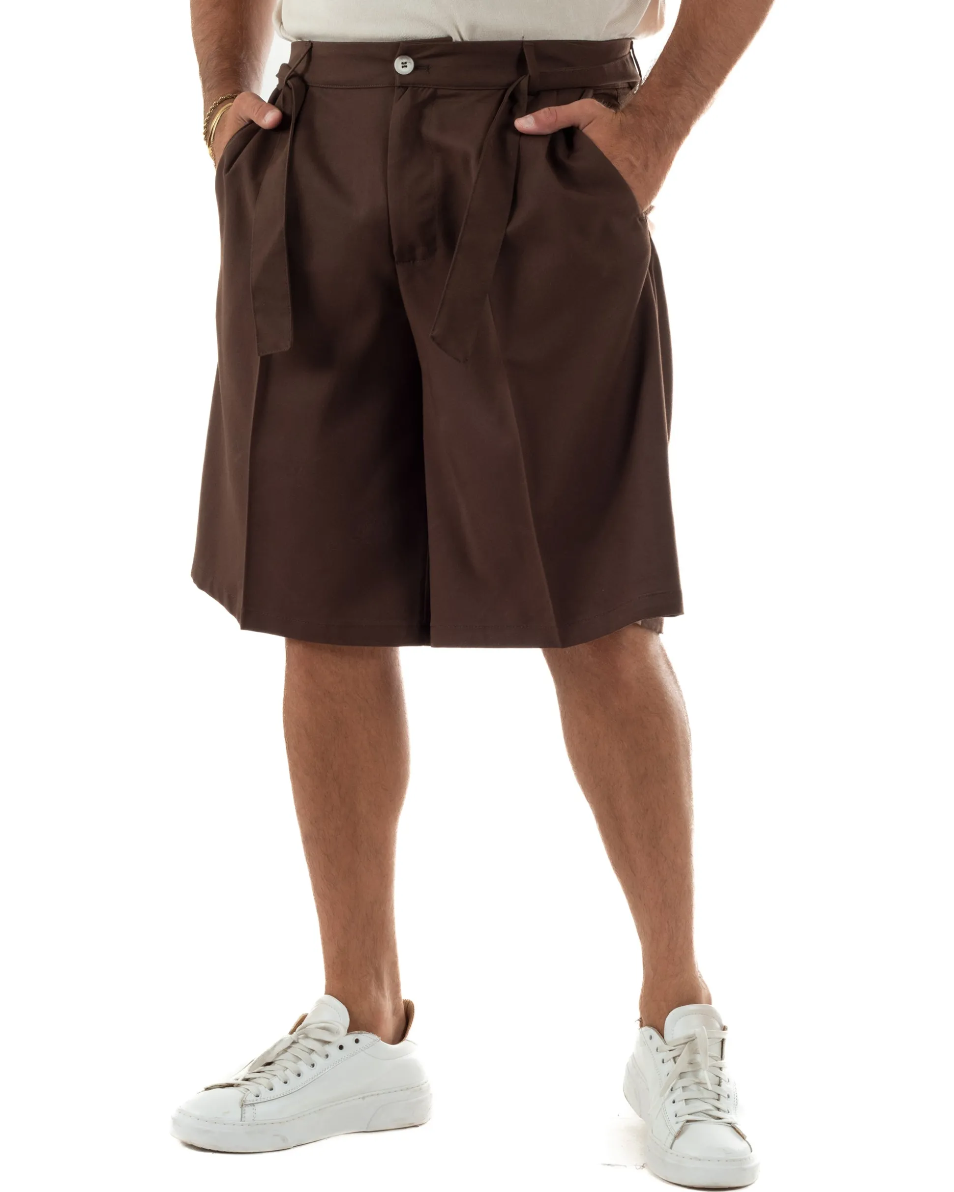 Bermuda pantaloncini uomo baggy fit pinces cintura in vita marrone GIOSAL-PC2064A