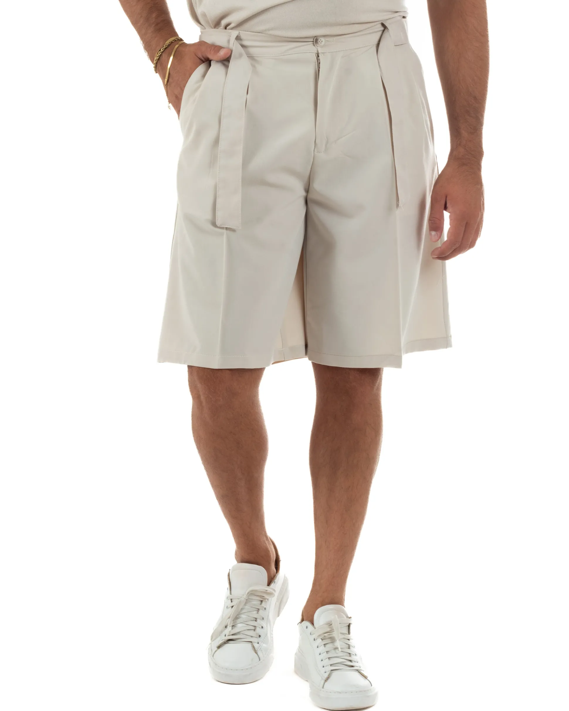 Bermuda pantaloncini uomo baggy fit pinces cintura in vita beige GIOSAL-PC2065A