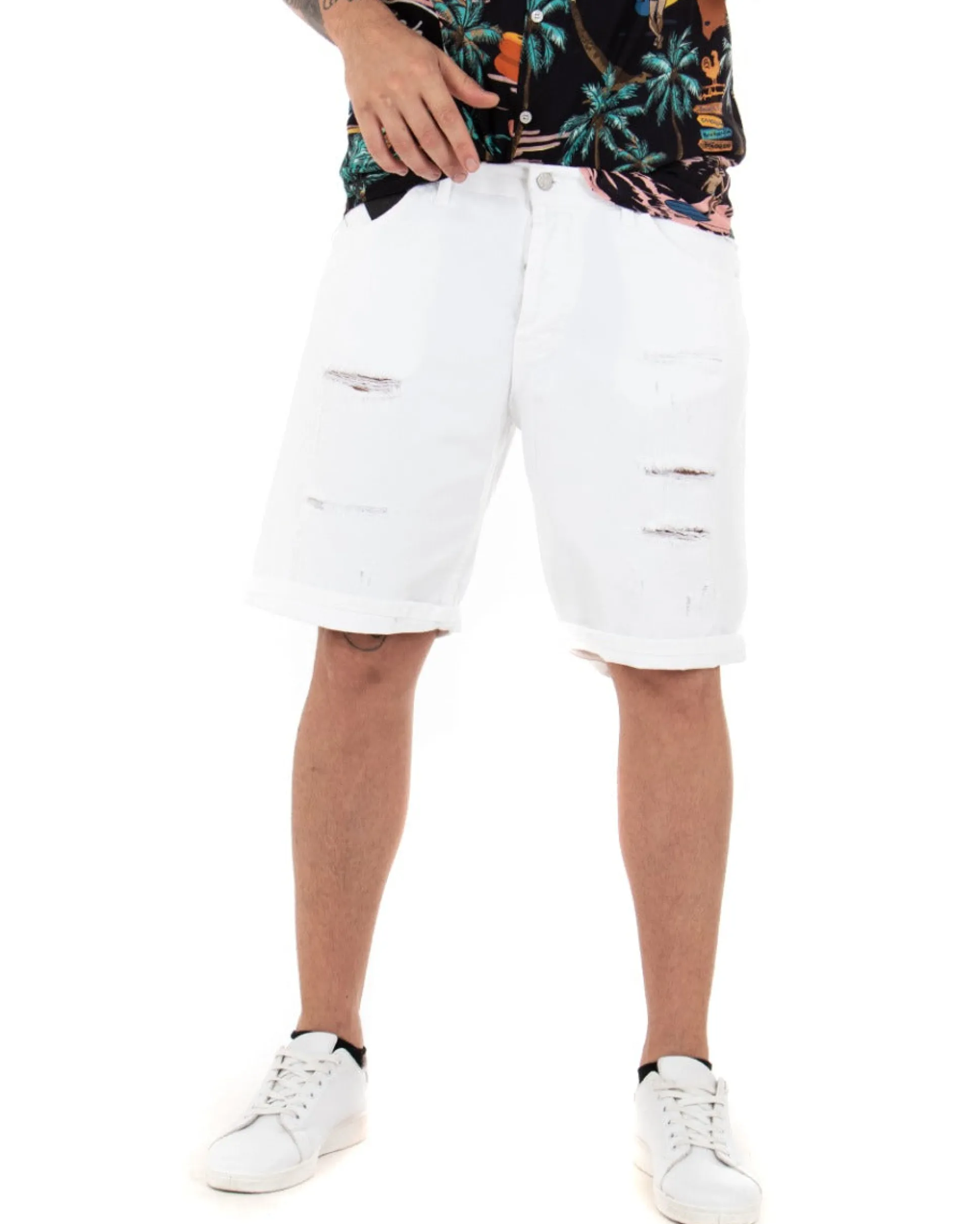Bermuda Pantaloncini Uomo Corti Comodi Con Rotture Cinque Tasche Regular Fit Casual Tinta Unita Bianco GIOSAL-PC1762A
