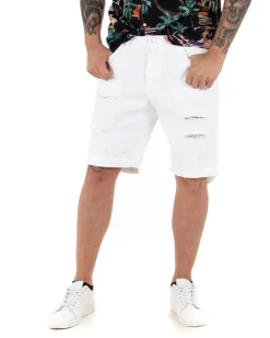 Bermuda Pantaloncini Uomo Corti Comodi Con Rotture Cinque Tasche Regular Fit Casual Tinta Unita Bianco GIOSAL-PC1762A