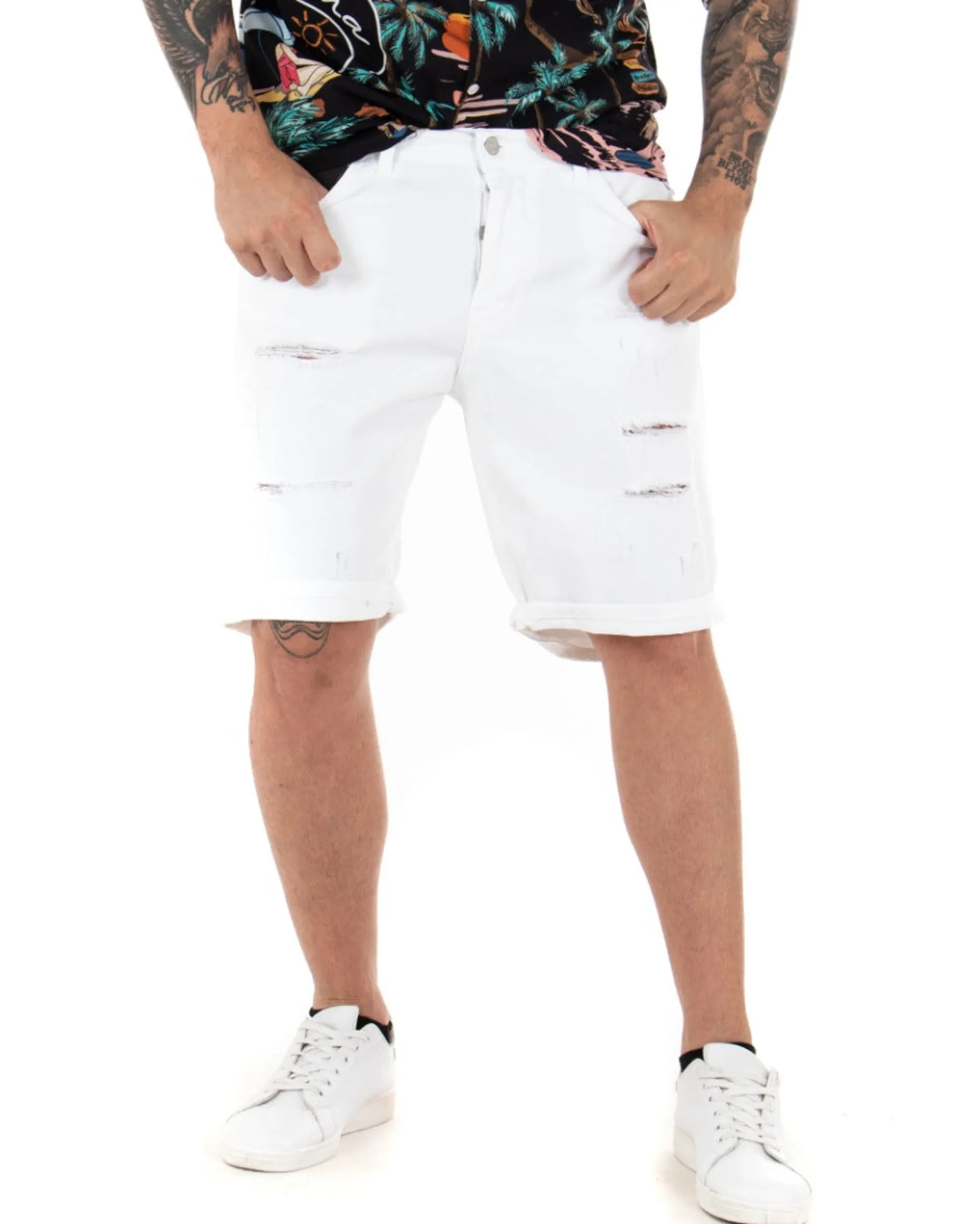 Bermuda Pantaloncini Uomo Corti Comodi Con Rotture Cinque Tasche Regular Fit Casual Tinta Unita Bianco GIOSAL-PC1762A