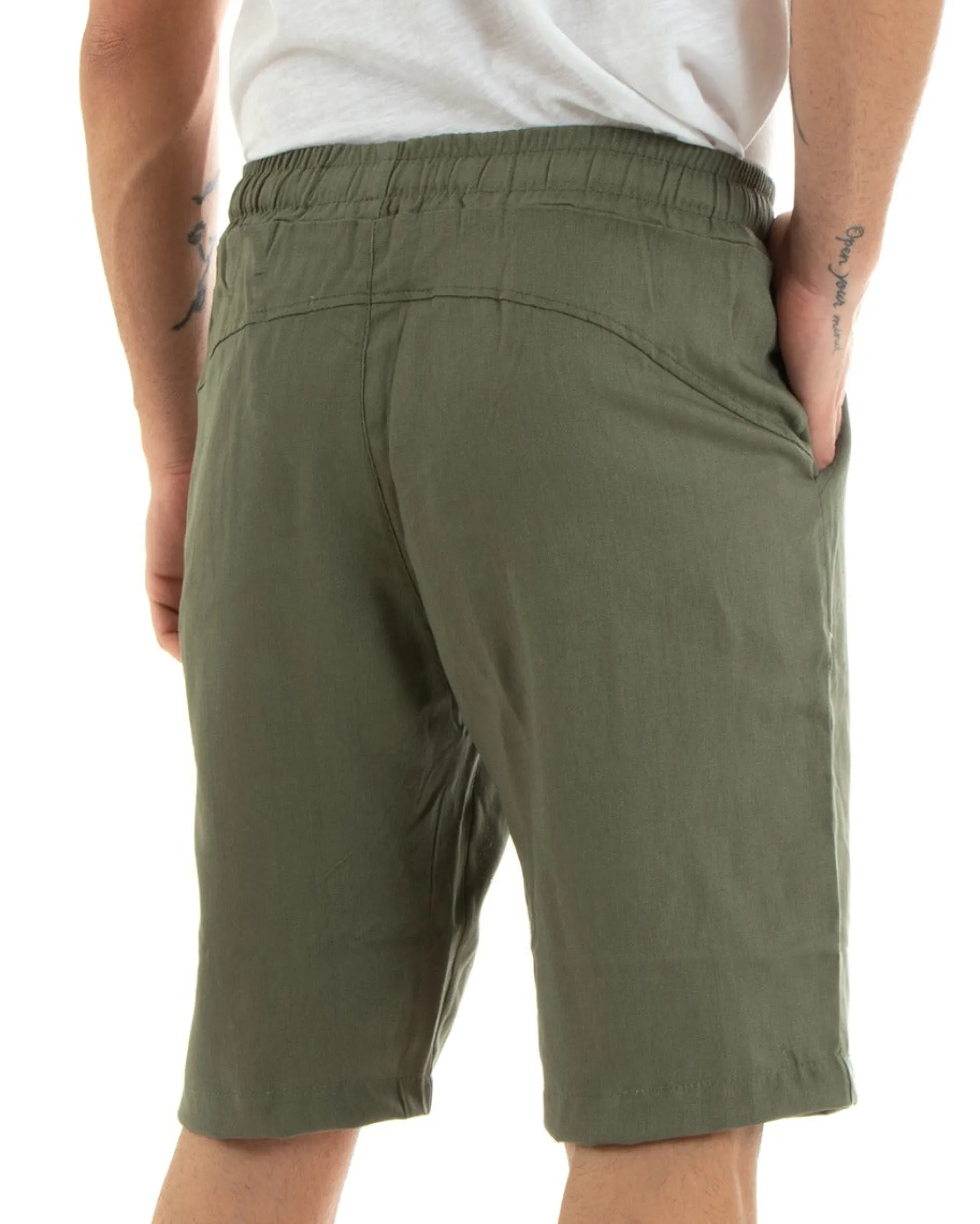 Bermuda Pantaloncini Uomo Corti Lino Pantalaccio Basic Verde GIOSAL-PC1924A