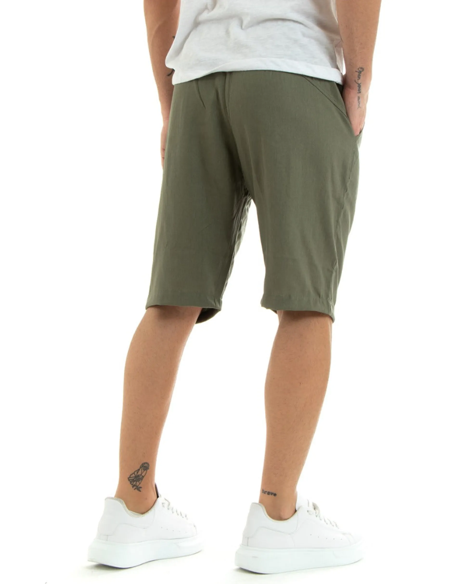 Bermuda Pantaloncini Uomo Corti Lino Pantalaccio Basic Verde GIOSAL-PC1924A