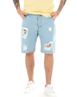 Bermuda Pantaloncini Uomo Corti Casual Jeans Cinque Tasche Con Rotture Regular Fit Denim Chiaro GIOSAL-PC1691A