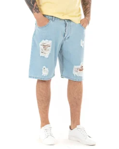 Bermuda Pantaloncini Uomo Corti Casual Jeans Cinque Tasche Con Rotture Regular Fit Denim Chiaro GIOSAL-PC1691A