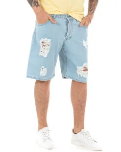 Bermuda Pantaloncini Uomo Corti Casual Jeans Cinque Tasche Con Rotture Regular Fit Denim Chiaro GIOSAL-PC1691A