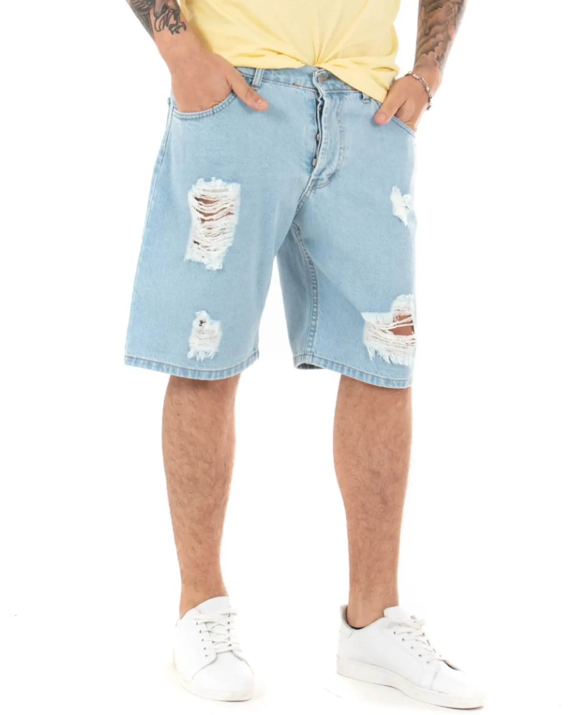 Bermuda Pantaloncini Uomo Corti Casual Jeans Cinque Tasche Con Rotture Regular Fit Denim Chiaro GIOSAL-PC1691A