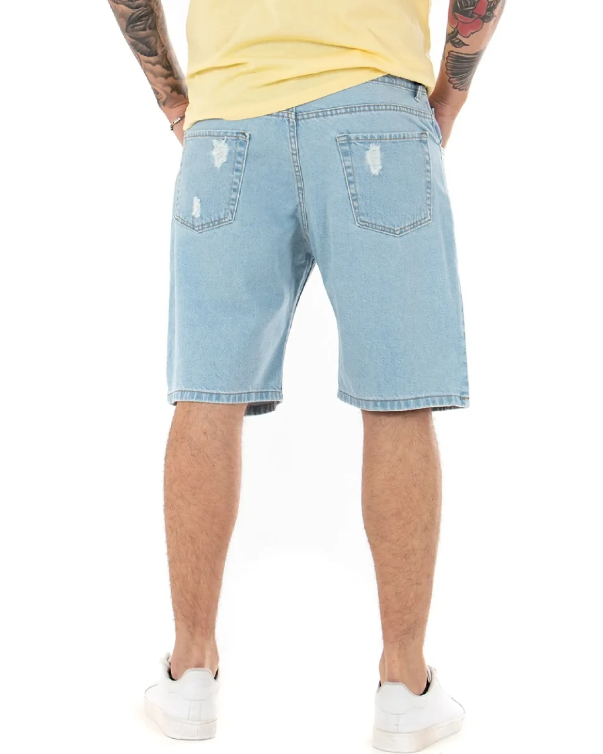 Bermuda Pantaloncini Uomo Corti Casual Jeans Cinque Tasche Con Rotture Regular Fit Denim Chiaro GIOSAL-PC1691A
