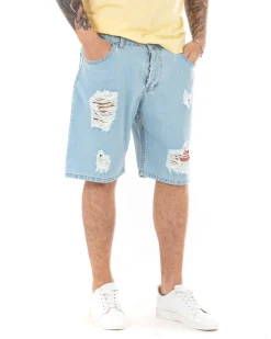 Bermuda Pantaloncini Uomo Corti Casual Jeans Cinque Tasche Con Rotture Regular Fit Denim Chiaro GIOSAL-PC1691A
