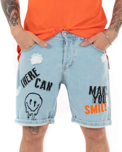 Bermuda Pantaloncini Uomo Corti Jeans Smile Stampa Denim Chiaro GIOSAL-PC1843A