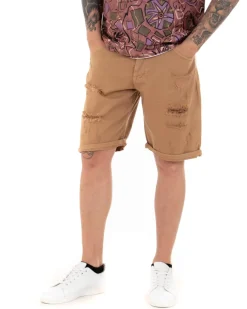 Bermuda Pantaloncini Uomo Corti Comodi Con Rotture Cinque Tasche Regular Fit Casual Tinta Unita Camel GIOSAL-PC1763A