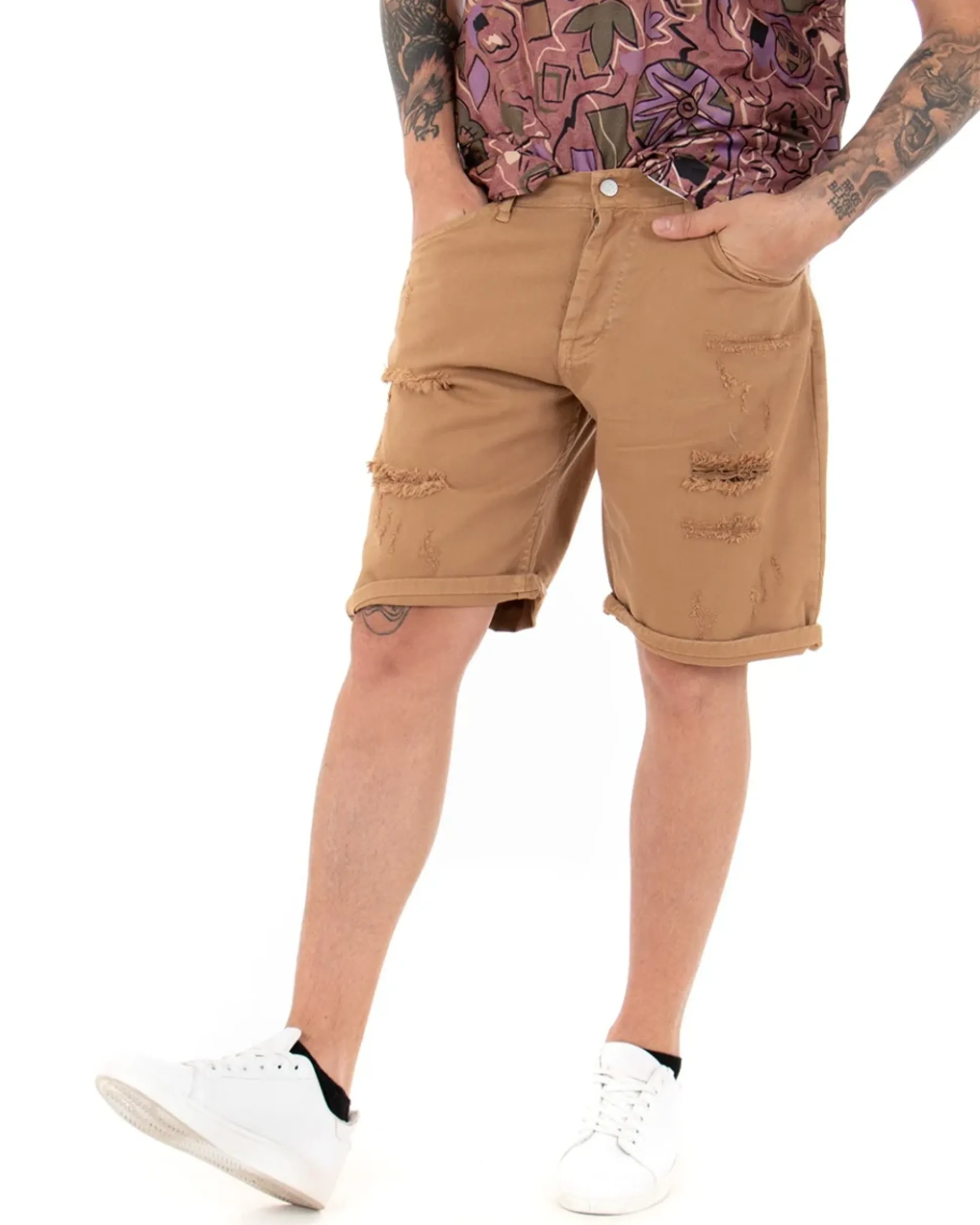 Bermuda Pantaloncini Uomo Corti Comodi Con Rotture Cinque Tasche Regular Fit Casual Tinta Unita Camel GIOSAL-PC1763A