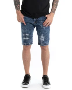 Bermuda Pantaloncini Uomo Corti Casual Slim Fit Jeans Con Rotture Cinque Tasche Denim Slavato GIOSAL-PC1816A