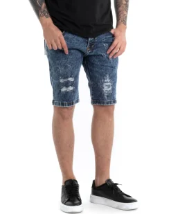 Bermuda Pantaloncini Uomo Corti Casual Slim Fit Jeans Con Rotture Cinque Tasche Denim Slavato GIOSAL-PC1816A