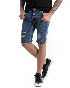 Bermuda Pantaloncini Uomo Corti Casual Slim Fit Jeans Con Rotture Cinque Tasche Denim Slavato GIOSAL-PC1816A