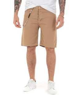 Bermuda Pantaloncini Uomo Corti Cotone Casual Cinque Tasche Con Catena Tinta Unita Camel GIOSAL-PC1713A