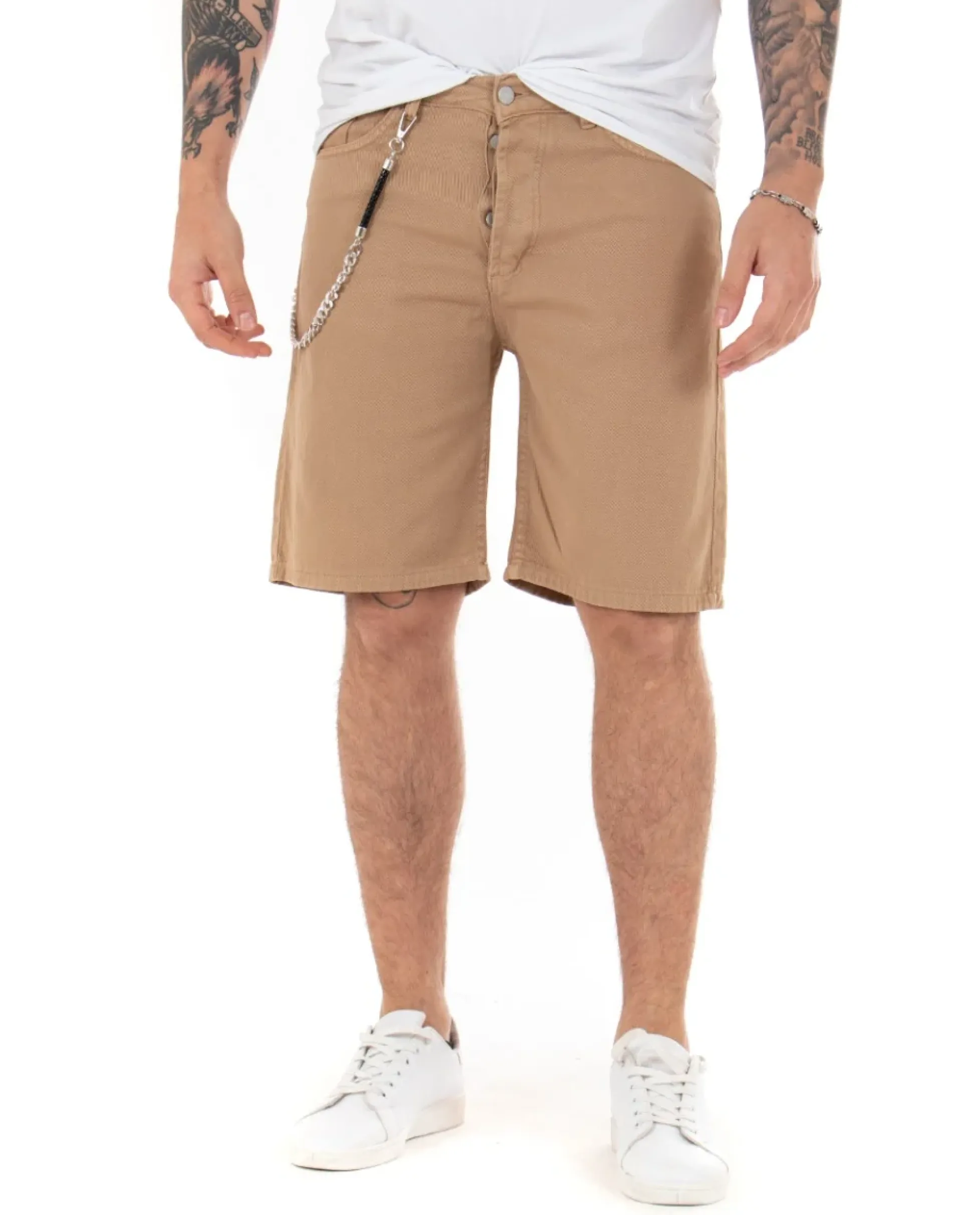 Bermuda Pantaloncini Uomo Corti Cotone Casual Cinque Tasche Con Catena Tinta Unita Camel GIOSAL-PC1713A