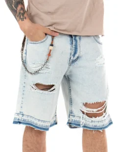 Bermuda Pantaloncini Uomo Corti Jeans Con Rotture Sfrangiato Cinque Tasche Denim Slavato GIOSAL-PC1844A