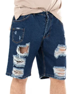 Bermuda Pantaloncini Uomo Corti Jeans Con Rotture Cinque Tasche Taschino Denim Scuro GIOSAL-PC1845A