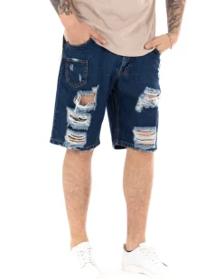 Bermuda Pantaloncini Uomo Corti Jeans Con Rotture Cinque Tasche Taschino Denim Scuro GIOSAL-PC1845A