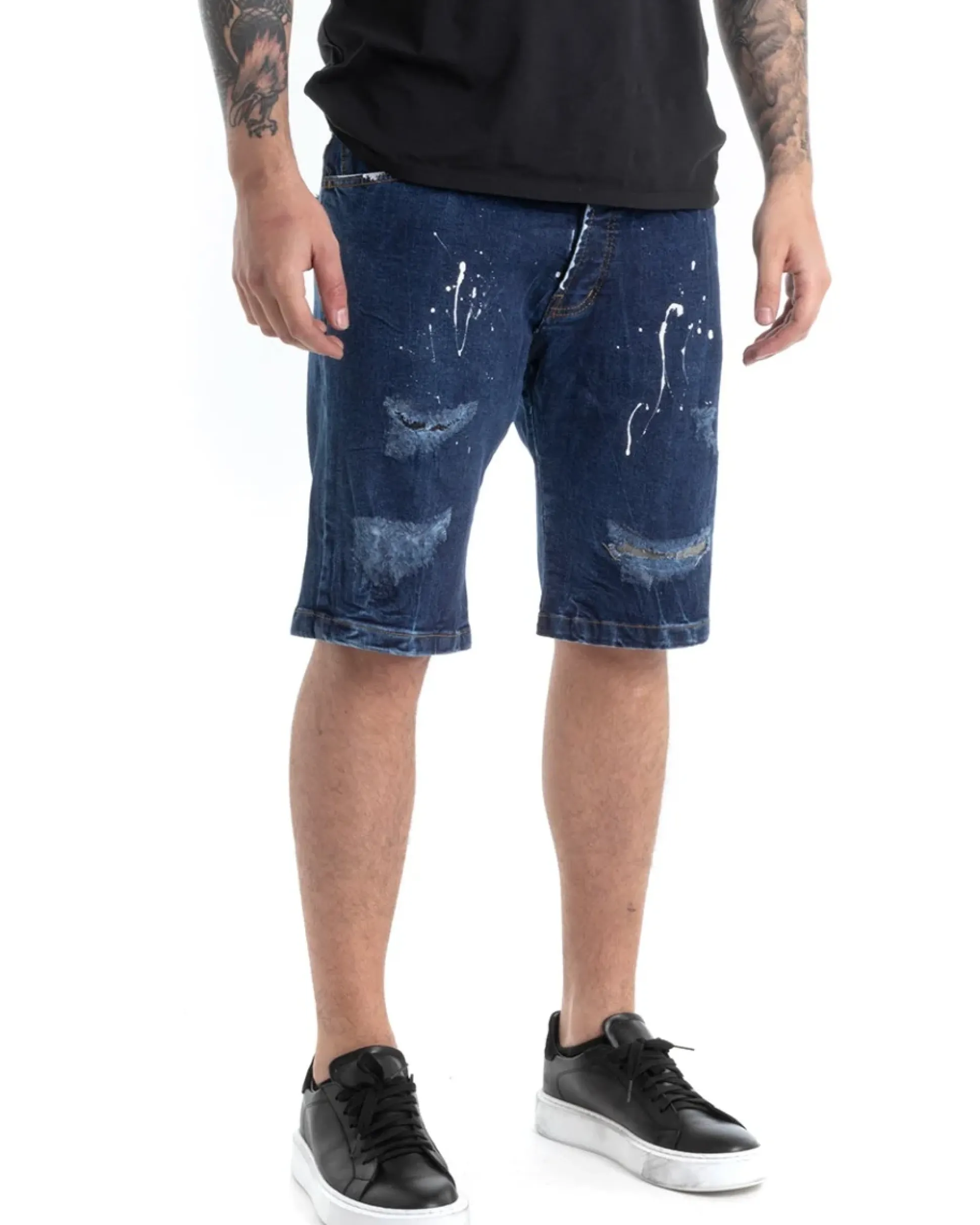 Bermuda Pantaloncini Uomo Corti Jeans Cinque Tasche Con Rotture Regular Fit Sfumato Denim Macchie Pittura GIOSAL-PC1817A