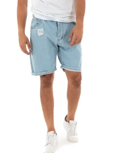 Bermuda Pantaloncini Uomo Corti Jeans Casual Con Stampa Regular Fit Denim Chiaro GIOSAL-PC1791A